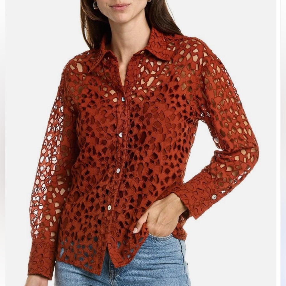 Vince Lace Sculpted Long Sleeve Button Down Shirt Size XS NWT Rust Amber